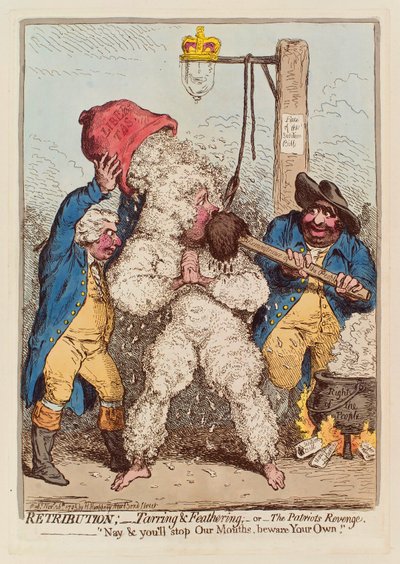 報復：タリングとフェザリング、またはパトリオットの復讐、パブ。 1795年の手彩色彫刻。 作： James Gillray