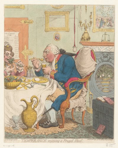 スポットプレント op ジョージ 3 世、1792 年 質素な食事を楽しむ節制 (オブジェクトのタイトル) 作： James Gillray