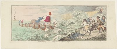 フランスのイングランド侵攻計画に関する漫画、1798 年 嵐の上昇 - または - 危険にさらされている共和党小艦隊 (オブジェクトのタイトル) 作： James Gillray