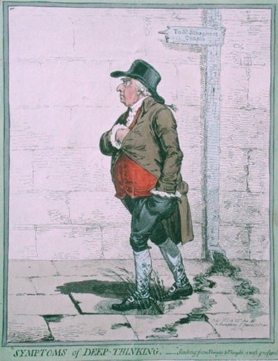 1800年にハンナ・ハンフリーが出版した「Symptoms of Deep Thinking」（手彩色エッチング）。 作： James Gillray
