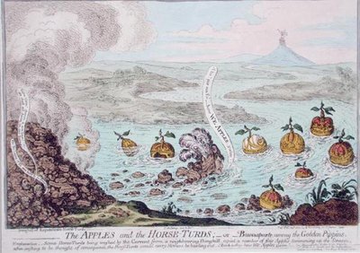 1800年にハンナ・ハンフリーが出版した『リンゴと馬の群れ、または金色のピピンの中のブオナパルト』（手彩色のエッチング）。 作： James Gillray