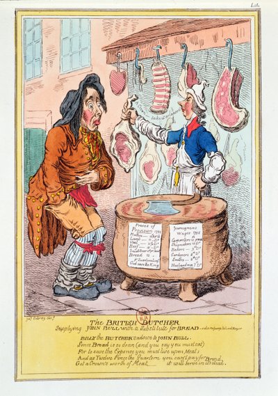 「イギリスの肉屋がジョン・ブルにパンの代わりを提供している」、1795 作： James Gillray