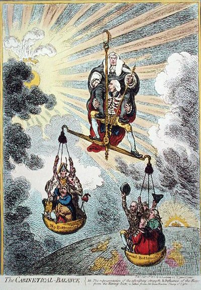 ハンナ・ハンフリーが1806年に出版した「The Cabinetical Balance」（手彩色の銅版画） 作： James Gillray