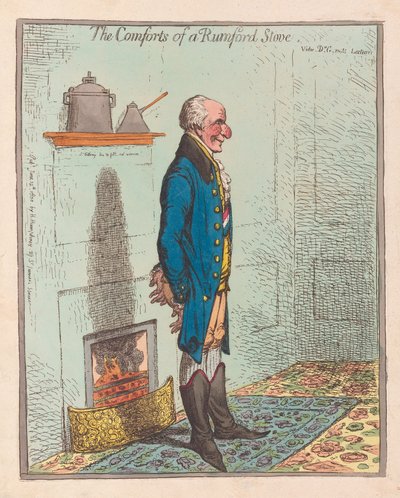 ラムフォード・ストーブの心地よさ、パブ1800（手彩色彫刻 作： James Gillray