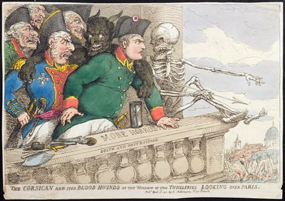 1815年にハンナハンフリーから出版された、コルシカと彼のブラッドハウンド、チュイルリーの窓、パリを見渡して（手描きのエッチング） 作： James Gillray