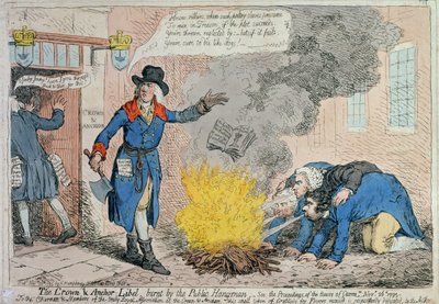 1795年にハンナハンフリーによって出版された公共の絞首刑執行人によって焼かれた王冠とアンカーリーベル（手描きのエッチング） 作： James Gillray