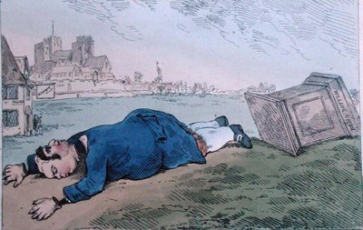 1784年にウィリアム・ハンフリーが出版した「The Fall of Dagon, or Rare News for Leadenhall Street」（手彩色エッチング）。 作： James Gillray