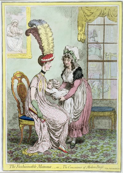 1796年に出版されたファッショナブルなマンマ、またはモダンドレスの便利さ（色付きの彫刻） 作： James Gillray