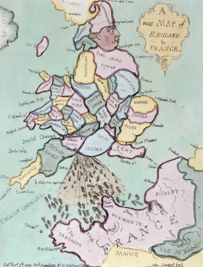 1793年にハンナハンフリーから出版されたフレンチインベージョン、またはジョンブルボンバーディングザバムボートズ（ハンドカラーエッチング） 作： James Gillray