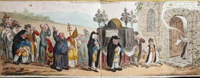 ハンナ・ハンフリーが1807年に出版した「ブロード・ボトムの葬送行列」（手彩色のエッチング） 作： James Gillray