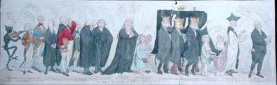 1789年にS.W.Foresが出版した「The Funeral Procession of Miss Regency」（手彩色のエッチング）。 作： James Gillray