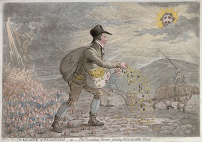 1796年にハンナハンフリーによって出版された愛国主義の属、またはベッドフォードシャー小麦を植えるブルームズベリー農夫（手塗りのエッチング） 作： James Gillray