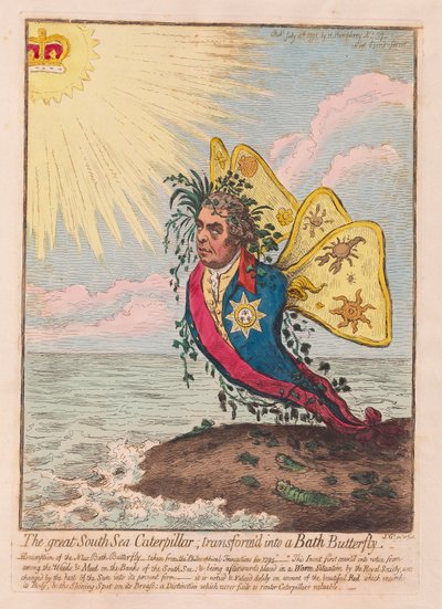 グレートサウスシーキャタピラー、バスバタフライ、パブに変身。 1792（手彫り彫刻） 作： James Gillray