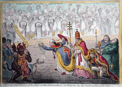 1809年にハンナ・ハンフリーによって出版されたブロード・ボトム枢機卿によるオックスフォードの会議への教皇の紹介（手彩色のエッチング） 作： James Gillray