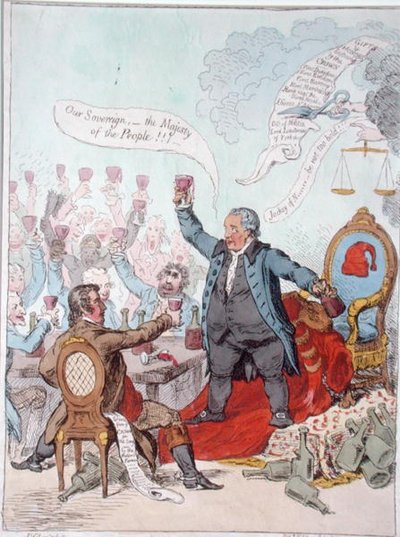 ハンナ・ハンフリーが1798年に出版した「忠実な乾杯」（手彩色の銅版画） 作： James Gillray