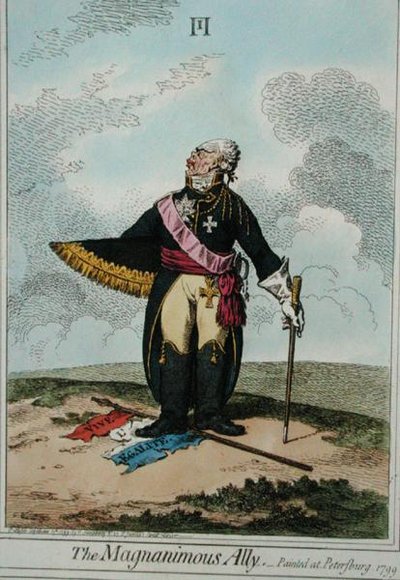 ハンナ・ハンフリーが1799年に出版した「The Magnanimous Ally」（手彩色の銅版画） 作： James Gillray