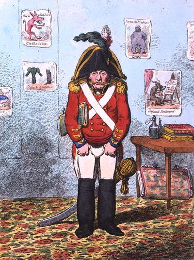 ハンナ・ハンフリーが1799年に出版した『The Military Caricaturist』（手彩色エッチング）。 作： James Gillray