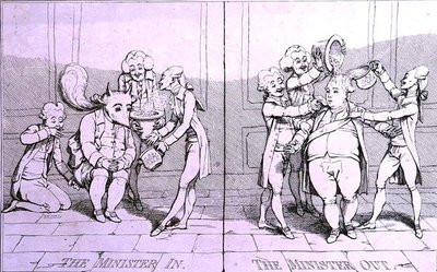 1782年にウィリアム・ハンフリーが出版した「The Minister In - The Minister Out」（エッチング）。 作： James Gillray