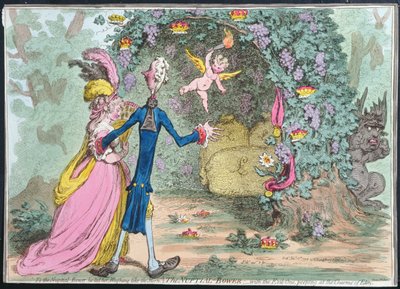 1797年にハンナハンフリーから出版された、エデンの魔除けを覗く邪悪な者がいる婚約者バウアー（手描きのエッチング） 作： James Gillray