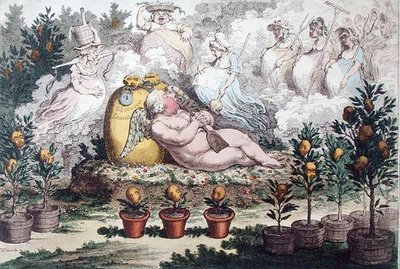 1796年にハンナ・ハンフリーが出版した『オランジュリー』（または『オランダのキューピッド』）は、手彩色のエッチングです。 作： James Gillray