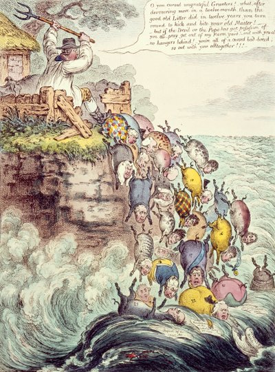 ぶちの海に向かって真っ直ぐ走っている豚、または底の広いトイレ1807 作： James Gillray