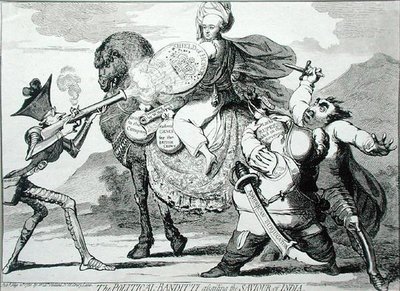 1786年にW.ホランドが出版した「インドの救世主を襲う政治的バンディッティ」（エッチング） 作： James Gillray