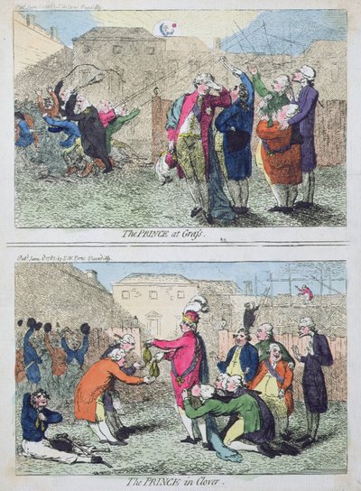1787年にS.W.Foresが出版した「草原の王子」と「クローバーの王子」（手彩色のエッチング） 作： James Gillray