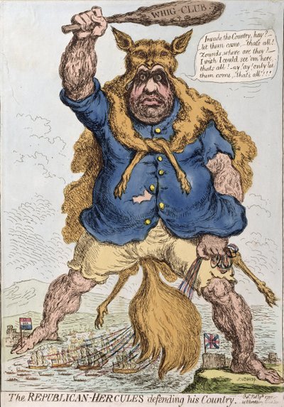 1797年にハンナハンフリーによって出版された共和党ヘラクレスは彼の国を守る（手塗りのエッチング） 作： James Gillray