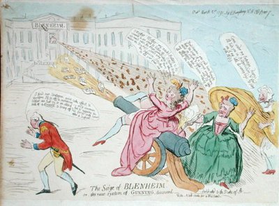 1791年にハンナ・ハンフリーが出版した「ブレナムの包囲戦」または「発見された新しい砲撃システム」（手彩色のエッチング） 作： James Gillray