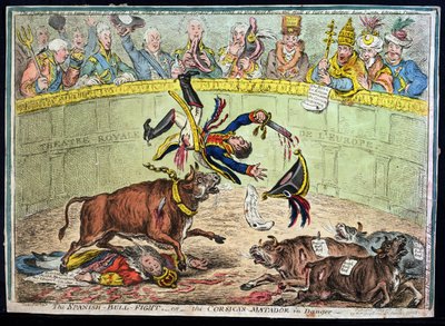 1808年にハンナハンフリーから出版されたスペイン闘牛、または危険にさらされたコルシカマタドール（手描きのエッチング） 作： James Gillray