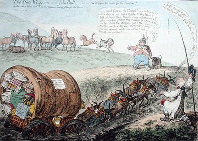 ハンナ・ハンフリーが1804年に出版した「The State Waggoner and John Bull, or The Waggon too much for the Donkeys」（手彩色エッチング）。 作： James Gillray