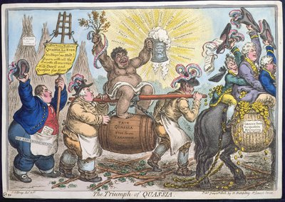 1806年にハンナハンフリーによって公開されたクアッシアの勝利（手描きのエッチング） 作： James Gillray