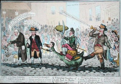 1806年に出版された「リトル・ポール・ザ・テイラーの新しいガチョウの上での凱旋行進」（手彩色のエッチング） 作： James Gillray