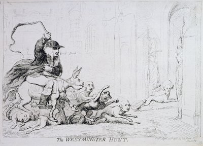 1788年に出版された『ウェストミンスター・ハント』（手彩色の銅版画） 作： James Gillray
