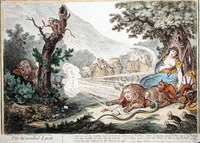 ハンナ・ハンフリーが1805年に出版した「傷ついたライオン」（手彩色の銅版画） 作： James Gillray