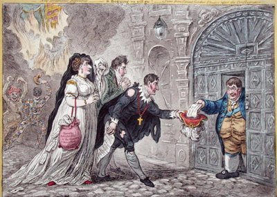 ハンナ・ハンフリーが1809年に出版した「Theatrical Mendicants relieved」（手彩色エッチング）。 作： James Gillray