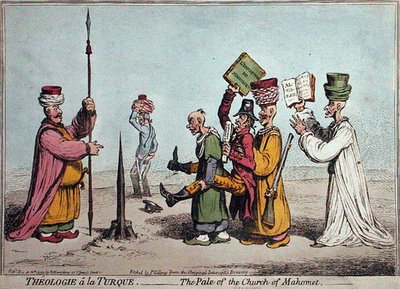 1799年にハンナ・ハンフリーが出版した『Theologie a la Turque, The Pale of the Church Mahomet』（手彩色エッチング）。 作： James Gillray