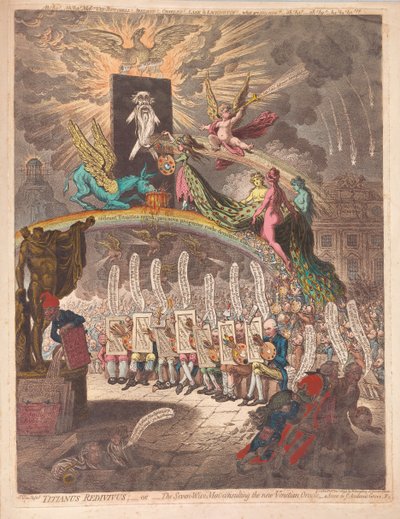 Titianus RedivivusまたはSeven Wise Menが新しいベネチアンオラクル（Academic Grove No.1パブのシーン）をコンサルティング1797年（手描きの彫刻） 作： James Gillray
