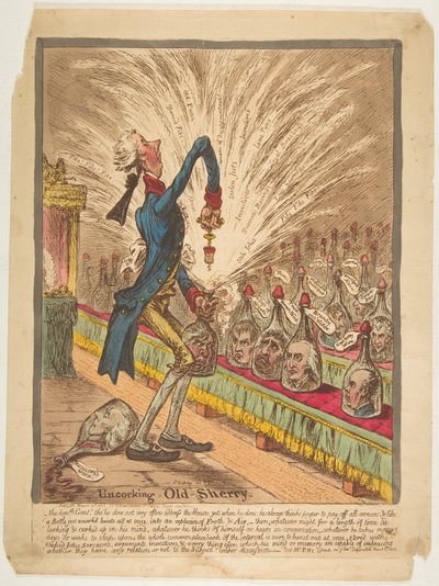 1805年3月10日、オールドシェリーの栓抜き。 作： James Gillray
