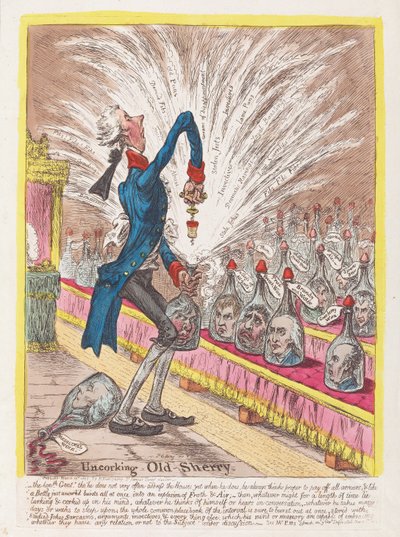 オールドシェリーの栓を抜くこと、パブ。 1805（手描きの彫刻） 作： James Gillray