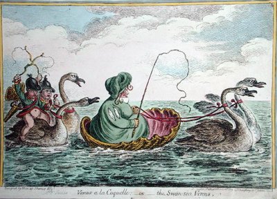 ハンナ・ハンフリーが1809年に出版した「白鳥の海のヴィーナス」（手彩色のエッチング）。 作： James Gillray