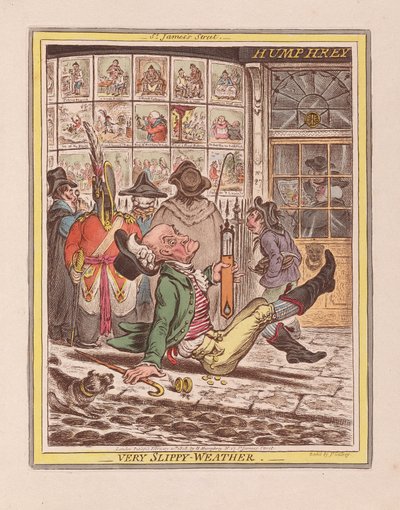 とても滑りやすい天気、パブ。 1808（手描きの彫刻） 作： James Gillray
