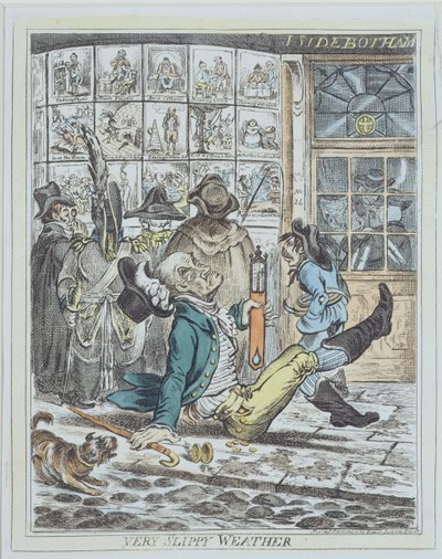 J.サイドボッサムによるカラーリトグラフ版「Very Slippy Weather」。 作： James Gillray