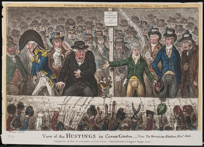 コヴェントガーデンのHustingsのビュー–ビデオ。ウェストミンスター選挙、1806年11月 作： James Gillray