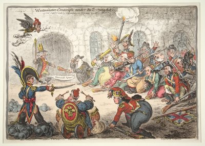 トレーニング法に基づくウェストミンスター徴兵集、1806年（手書きの彫刻） 作： James Gillray