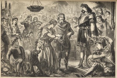 Vortigern (Gwrtheyrn) (5世紀) ブリトン人の王とロウェナ - ヘンギストの娘ロウェナがブリトン人の部族王ヴォーティガンにワインを捧げる - ブリトン人の王ヴォーティガンがサクソン人の将軍ヘンギストの宴でロウェナに夢中になる - エングレーブ 作： James Godwin