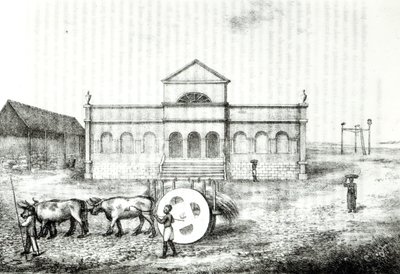 1821年にロンドンで出版されたジェームズヘンダーソンによる「ブラジルの歴史」のイラスト、リオエクスチェンジ、公共のトラピシェ、グラスワゴンと絞首台 作： James Henderson