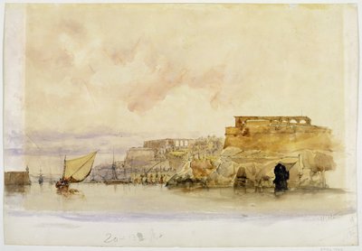 帆船のある海岸のシーン（水彩、紙の上のグラファイト上のボディカラー） 作： James Holland