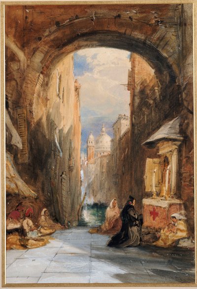 ヴェネツィア：遠くにサンタマリアデッラサルートがいるアーチ道の下のエディコーラ、1853年 作： James Holland