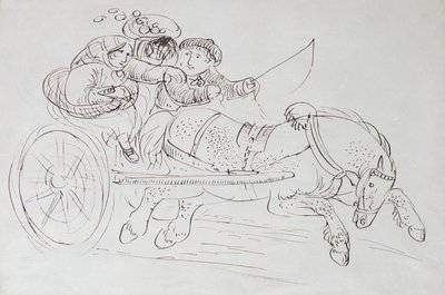 馬が引く馬車のカップル（紙にセピア色のインク） 作： James Howe